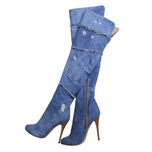 Fashion Zipper Wedge Stiletto Platform Over the Knee Girls Boots Stretchable Denim Peep Toe Pointy Toe Long Boots