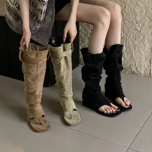 BUSY GIRL HJF9121 Women Knee-high Boots British Style Frosted Belt Buckle Sandals with Elevated Toe Boots Versatile Women Boots