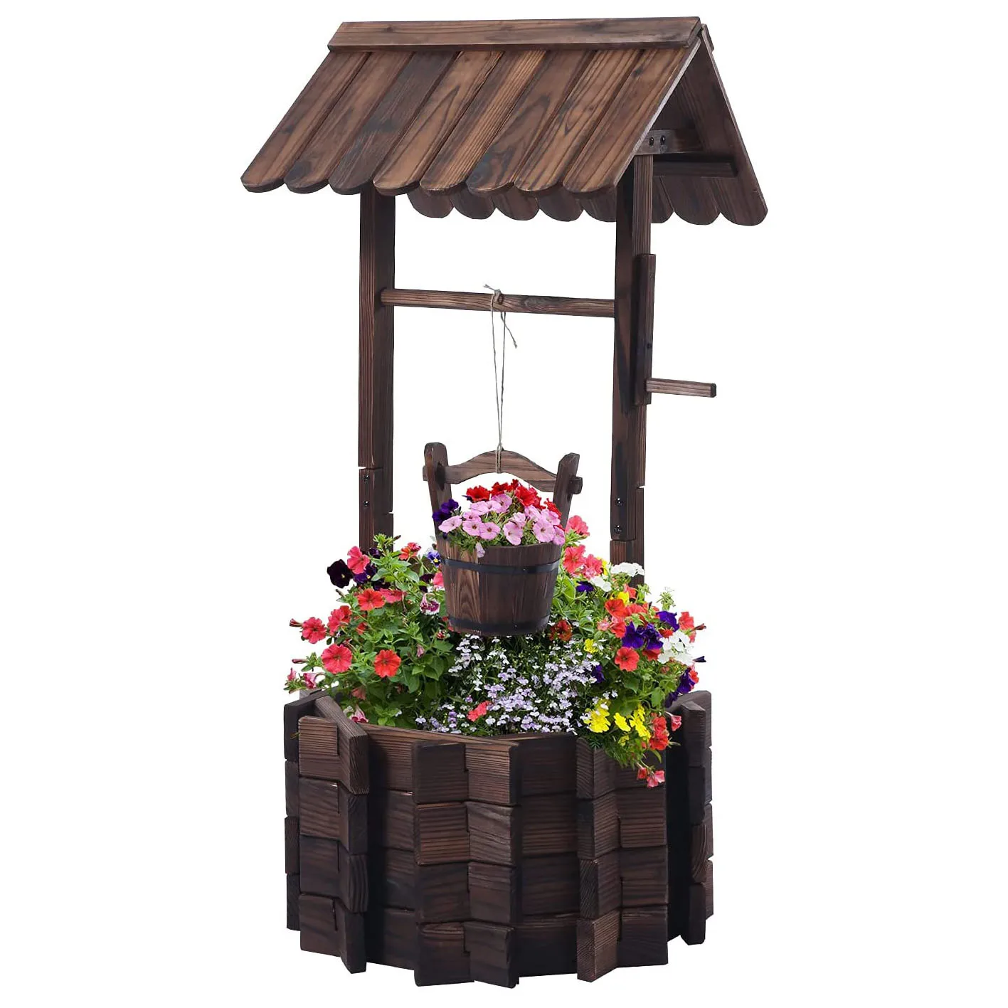 Rustic Wooden Wishing Well Planter Outdoor Home Decor factory