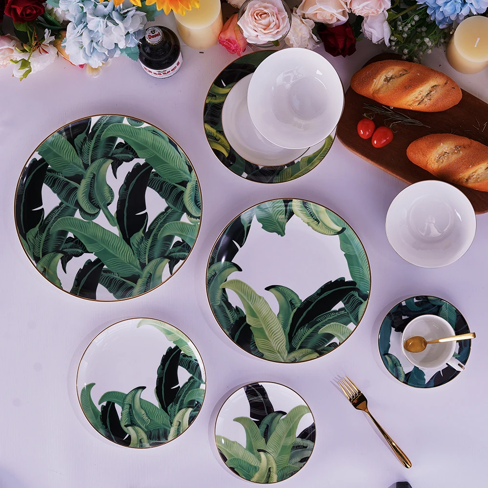 Bone China Dinnerware 4Pcs Plate Set Green Banana Leaves Ceramic Tableware Wedding Charger Plate for Event&Catering