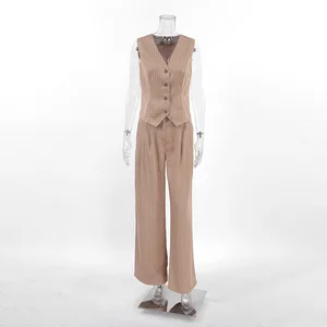 New Women Fashion Vest Suit Single Breasted V-neck Vest + High Waist Pocketed Wide Leg Pants Lady Summer Casual Two Piece Suit