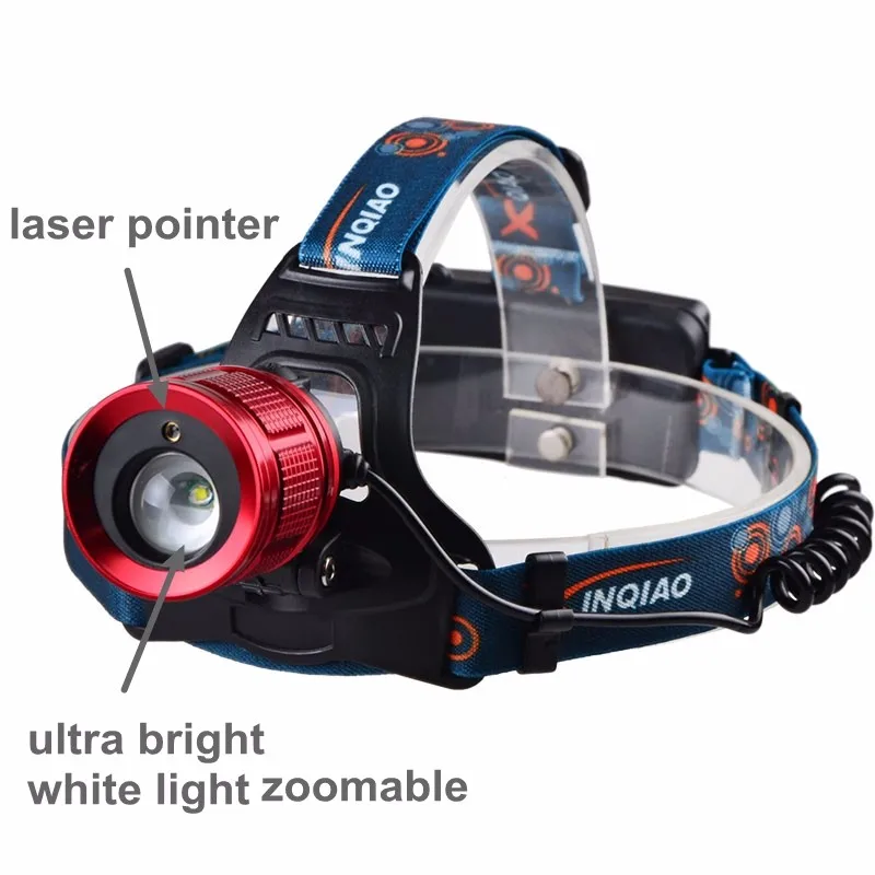 Adjustable Zoom Beam LED Headlamp 18650 Rechargeable Head Torch with Red Laser Pointer for Hunting Camping Mining