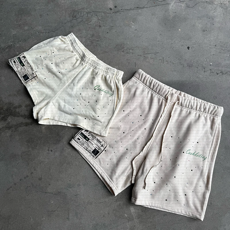 Custom Track Sweat Acid-wash-short Unisex Oversized Fleece Distressed Cotton Sun Faded Rhinestone Baggy Acid Wash Short for Men gallery 5