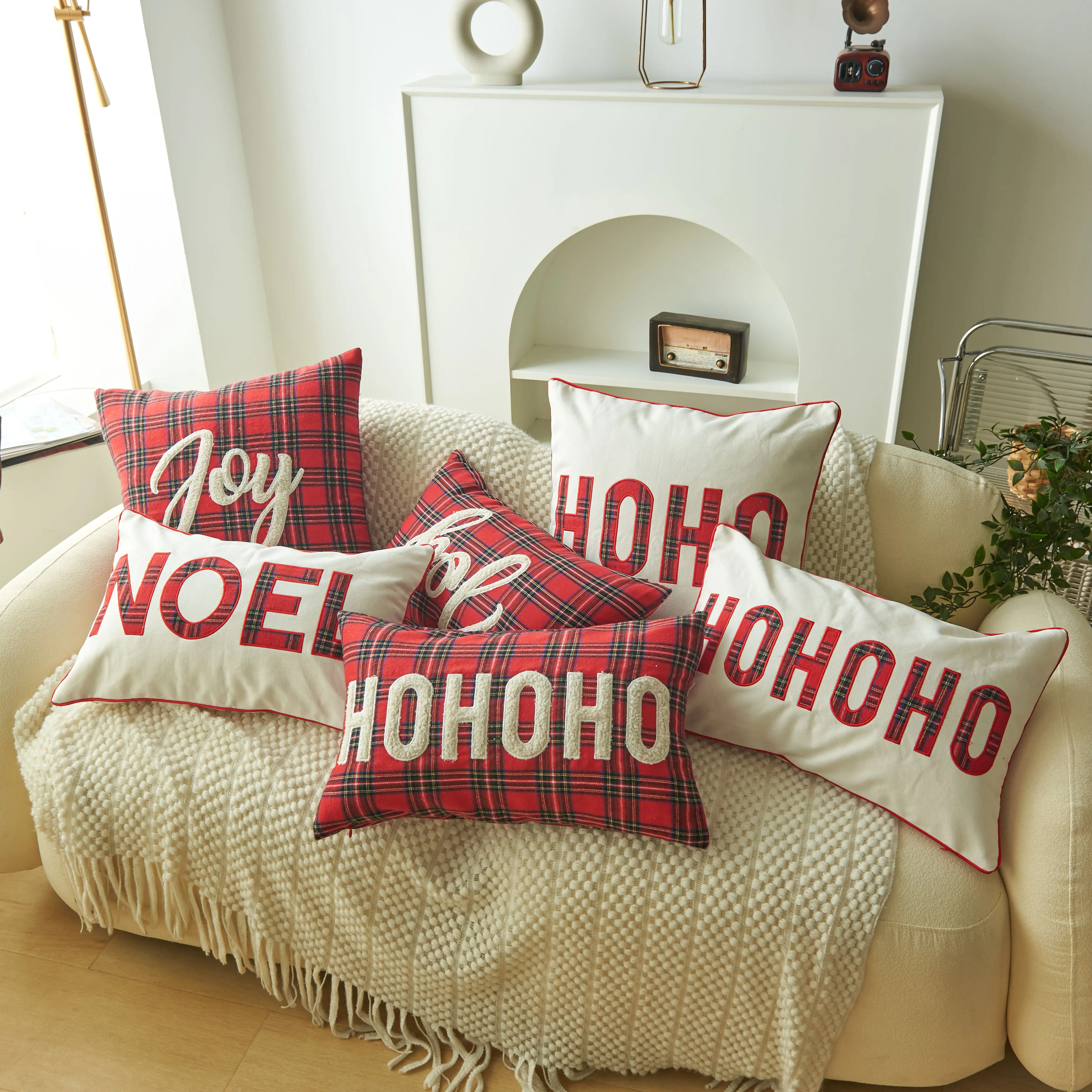 Embroidered Plaid Cushion Cover Christmas Pillow Cover Buy Joy Applique Christmas Pillow Cover