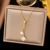 Pull-out diamond-encrusted flower stainless steel necklace