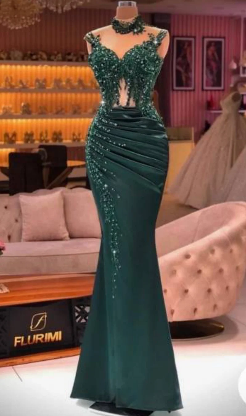 2024 African Green Mermaid Prom Dresses High Neck Long Sleeve Beaded Lace Evening Dress Floor Length Mermaid Sequined Dress