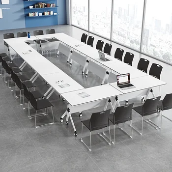 Simple Modern Rectangular Conference Table with Flip Feature Mobile Splicing Multifunctional Foldable Training Table Chair Set
