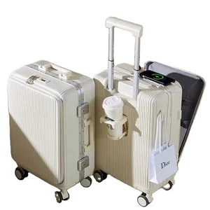 Travel Durable PP Trolley Suitcase Rolling Hard Shell Hand Luggage Set with Front Opening Laptop Mobile Cup Holder