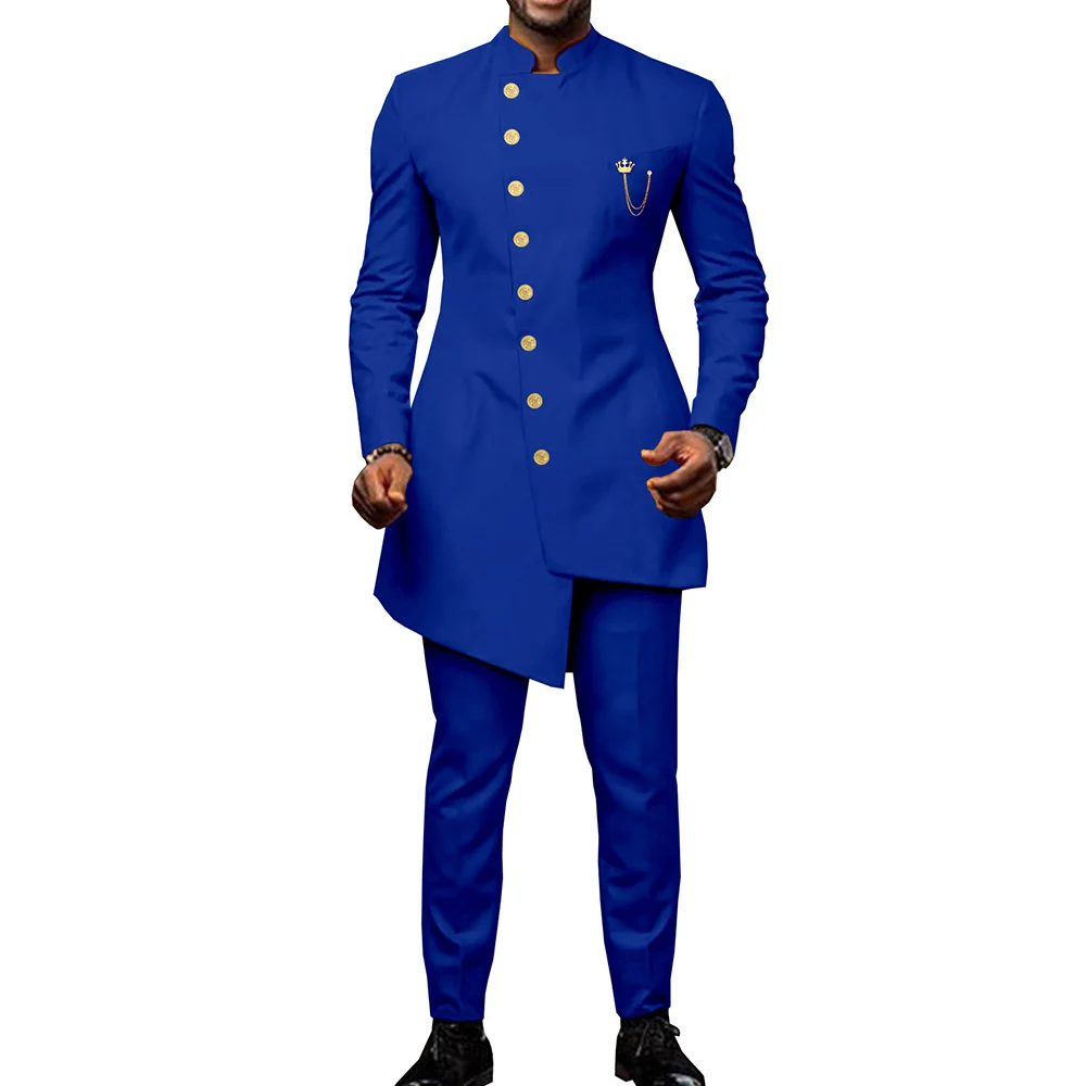 Stylish Stand Color Blue Men Suits Tuxedo Blazer Terno Hombre Elegant Long Jacket Pants