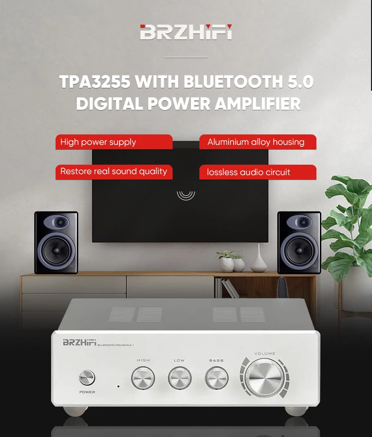 BRZHIFI Dual Core TPA3255 BT 5.0 2 Channel Aluminum HiFi Audio Power Digital Amplifier manufacture