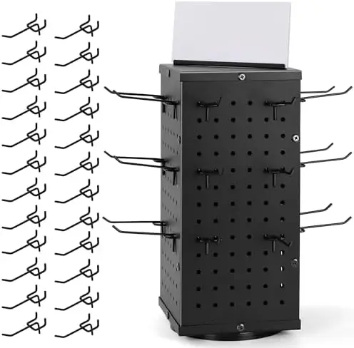 Rotating Pegboard Display Stand With 24 Hooks Metal Peg Board Displays Stands for Retail Vendors Selling & Shows