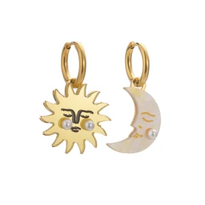 New Trend Fashion Jewelry Pearl Pendant Earrings Stainless Steel Jewelry Women Sun and Moon Shape Charm Drop Earrings