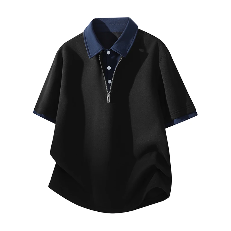 63.6% Polyester, 36.4% Cotton. Breathable, color-blocked patterned shirt with contrasting collar, button closure, and half-zip closure. Men's casual short-sleeved shirt.