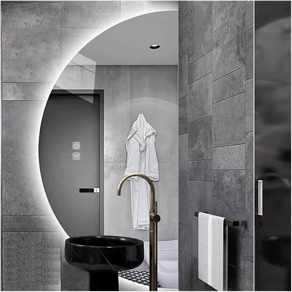New Designs Modern Decorative Wall Irregular Half Circle Led Light Touch Sensor Switch Mirror for Bathroom
