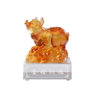 LiuLi Glass Lost-Wax Art Crystal Feng Shui Decoration - Pig Statue Chinese New Year Gift