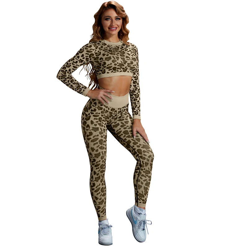 Leopard Print Crop Top Workout High Waist Seamless Yoga Pants Tracksuits Sportwear Set Yoga Outfits for Women 2 Piece Set 