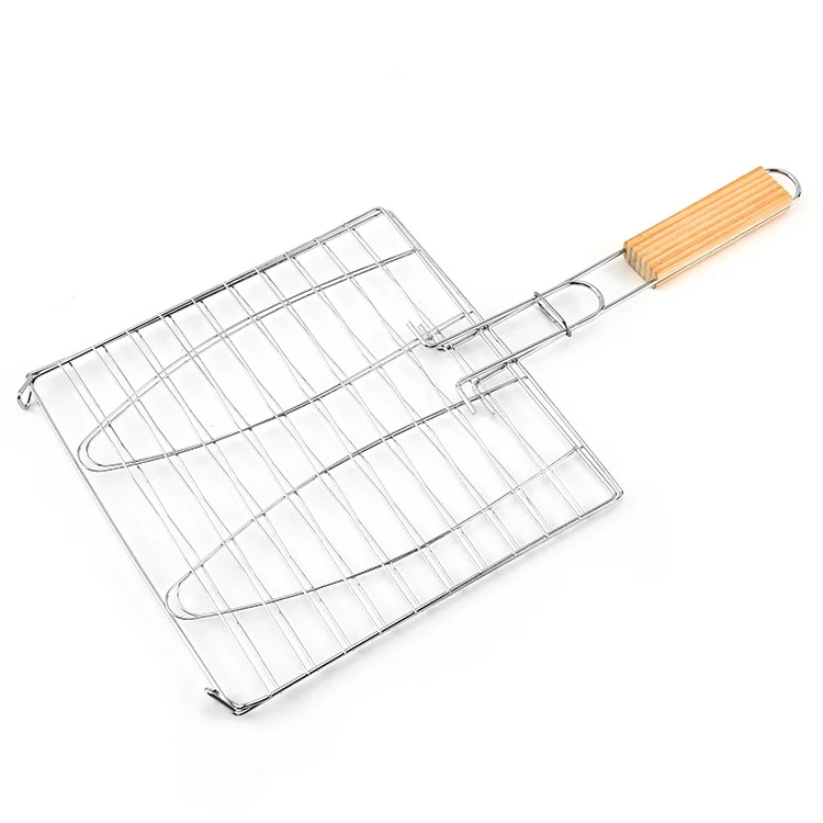 Dealglad BBQ Barbecue 2 Fish Grilling Basket Roast Folder Tool with Wooden Handle 