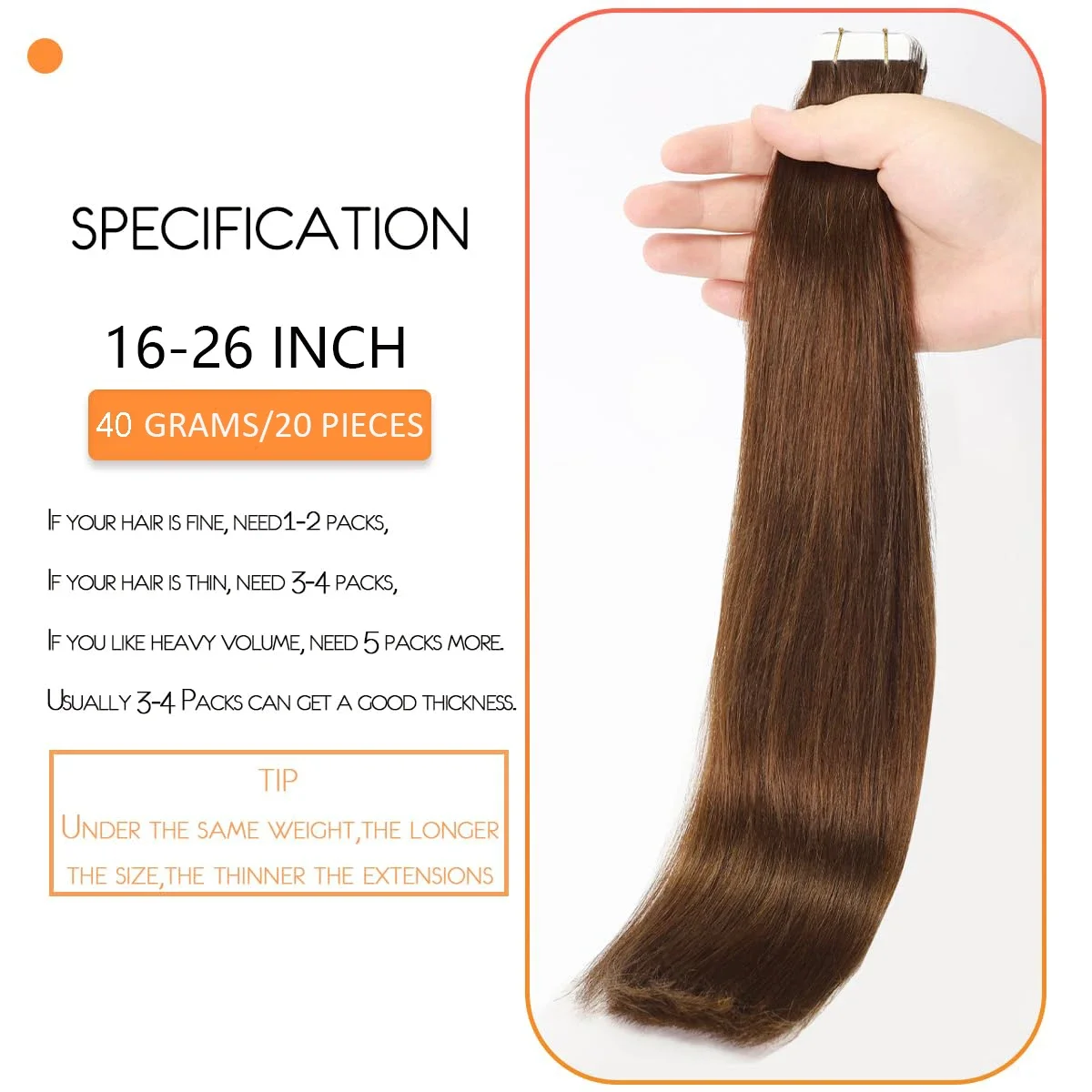 Extensii de păr cu bandă adezivă, păr natural, maro, drept, Remy, fără cusături, invizibil, 20 buc., 16-26 inch_voghion.com