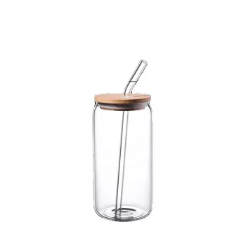 Transparent beer can shaped soda glass jar with wooden lid and straw fashionable glass jar