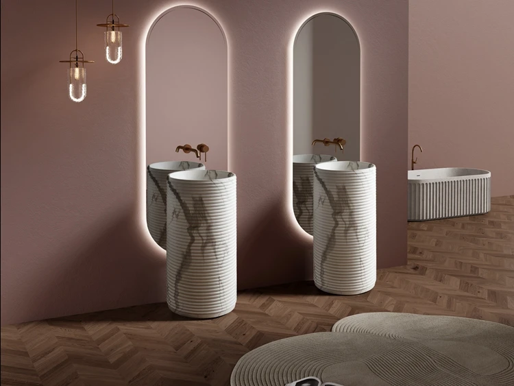 Designer's Favorite Marble Pattern Bathroom Basin Sink Volaks Free Standing Round Wash Basin Artificial Stone Hotel Vessel Sink