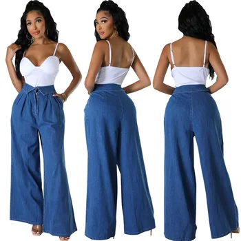 2024 Fashionable high waisted loose and simple wide leg solid color customization logo elastic jeans women casual denim pant