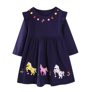 Autumn European American Style Kids Girls O-Neck Dress Long Ruffles Sleeves Cartoon Flower Embroidery Sweet Outfit for 2-7Y