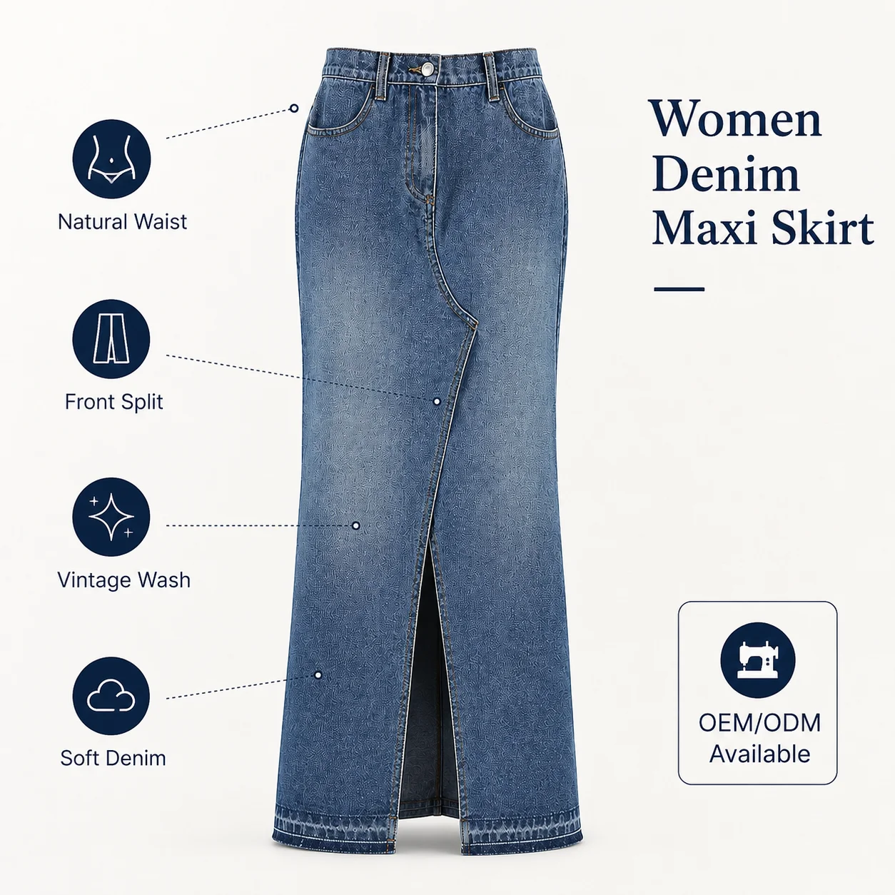 Natural Waist Vintage Split Blue Denim Skirt for Summer Commute Slimming Women's Hip Wrap Design Casual Eco-Friendly