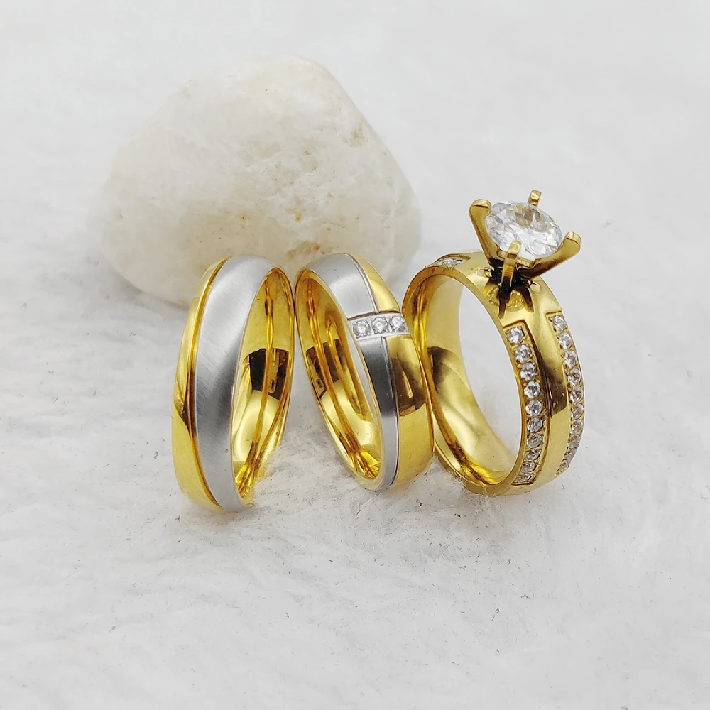 Cubic Zirconia His And Hers Gold Wedding Ring Sets Expensive Cubic Zirconia 3pcs Jewelry Bridal Set Wedding