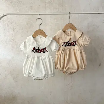 2024 New girls' baby doll collar embroidered romper ins Newborn pure cotton loose short sleeve romper