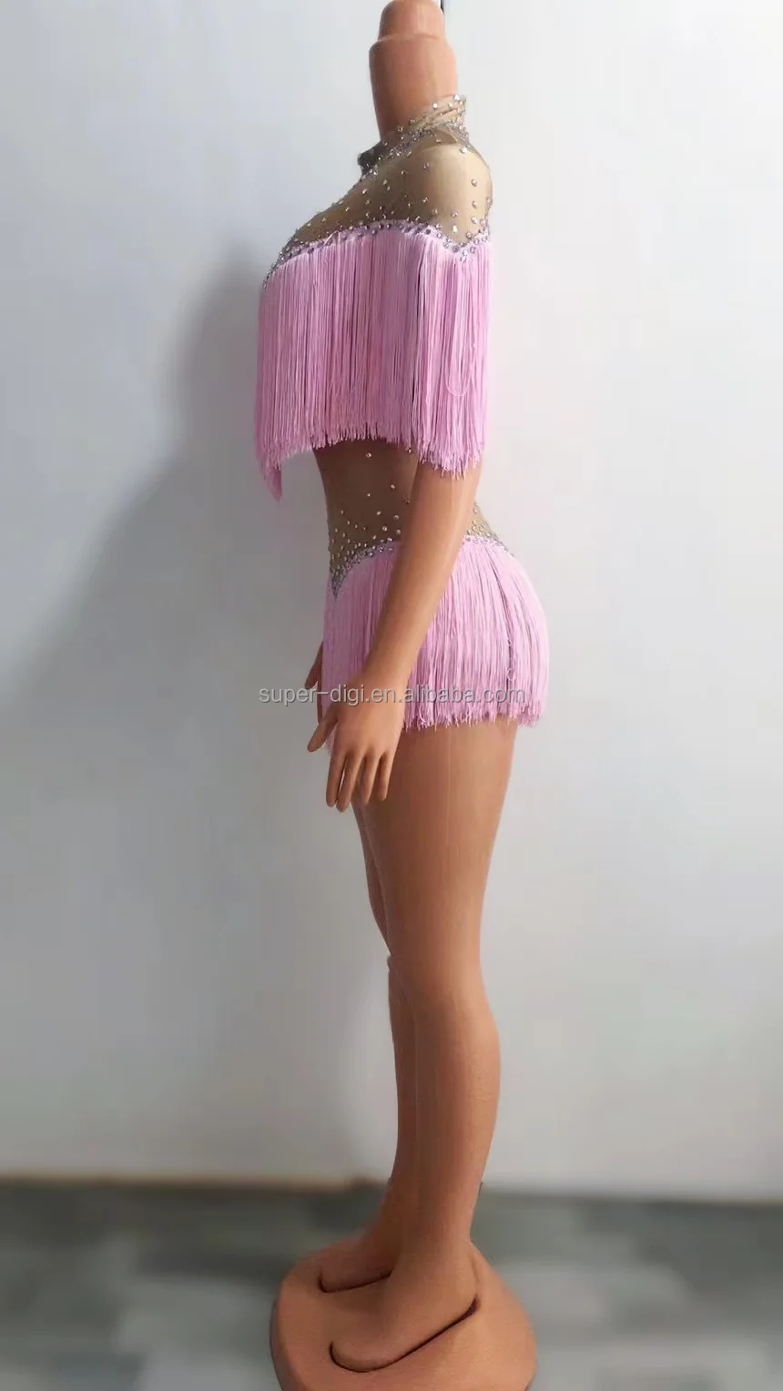 Tassels Short Romper Dance Wear See Through Backless Crystal Birthday