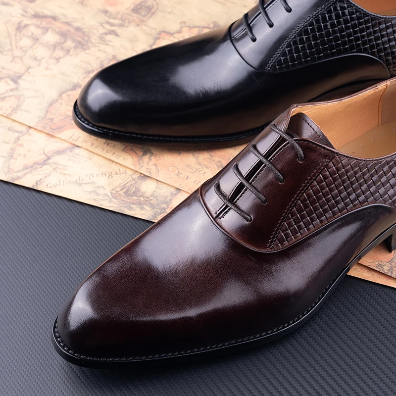 Handcrafted Men's Leather Dress Shoes Lace-up Oxford High Top Closed Toe  Wedding Shoes Lightweight Breathable Custom Rubber