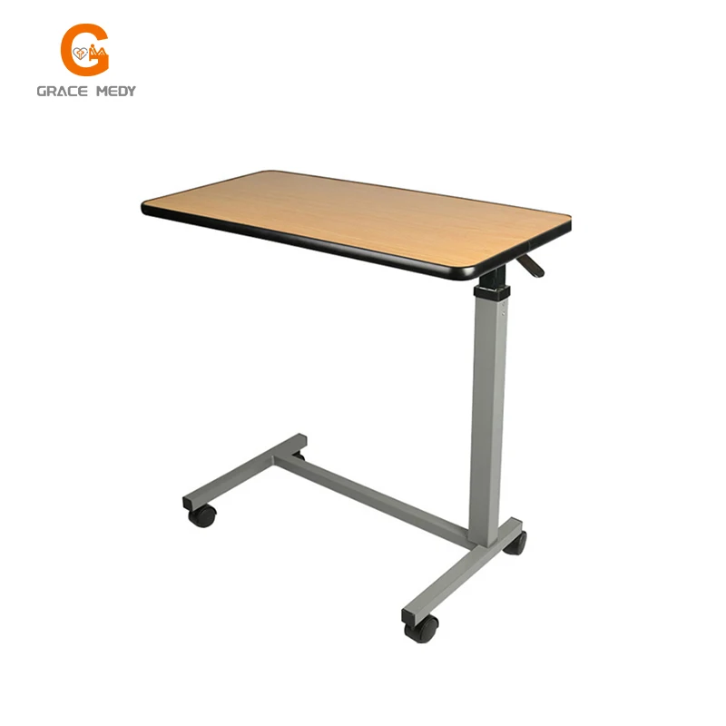CE ISO Certified Height-Adjustable Folding Abs Hospital Overbed Table With Wheels Cheap Steel Frame for Dining by Patients' Bed