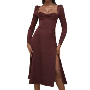 Elegant Women Long Sleeve Party Dress Long Sleeve Midi Velvet Dress Square Neck Autumn Midi Dress with High Split