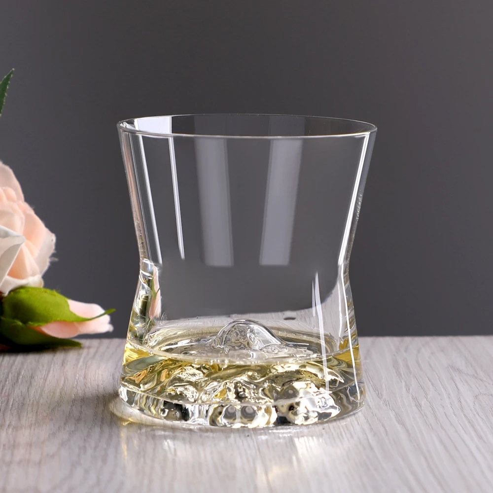 OEM ODM Custom Hand Blown Lead Free Crystal Borosilicate Glass Volcano Style Whiskey Rocks Glass with 3D Mountain Base