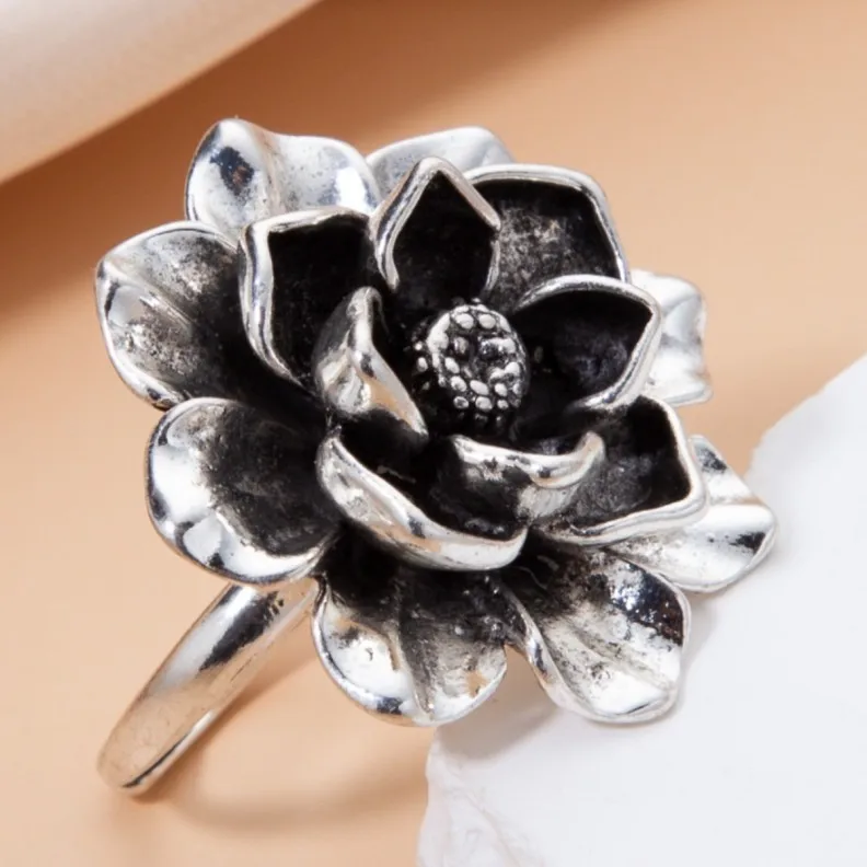 Fashion Vintage Customize Versatile Accessory 14k Solid Rose Gold Flower Adjustable Opening Ring for Women