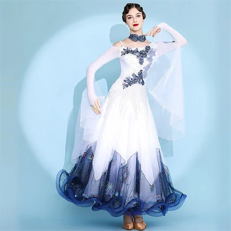 New Design Fashion Retro Elegant Women Adult Performance Competition Wear White Ballroom Dance Dress
