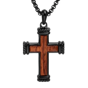 Wooden Cross Necklace for Men Handmade Bubinga Wood Cross Pendant Necklace Stainless Steel Mens Black Wood Cross Pendant