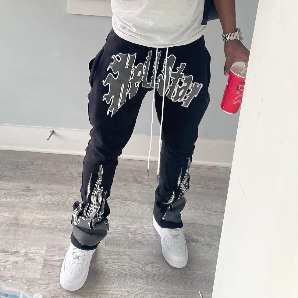 Custom Flaired Sweat Pant Street Trousers Track Drawstring Cotton French Terry Vintage Bootcut Puff Print Flared Sweatpants Men gallery 7