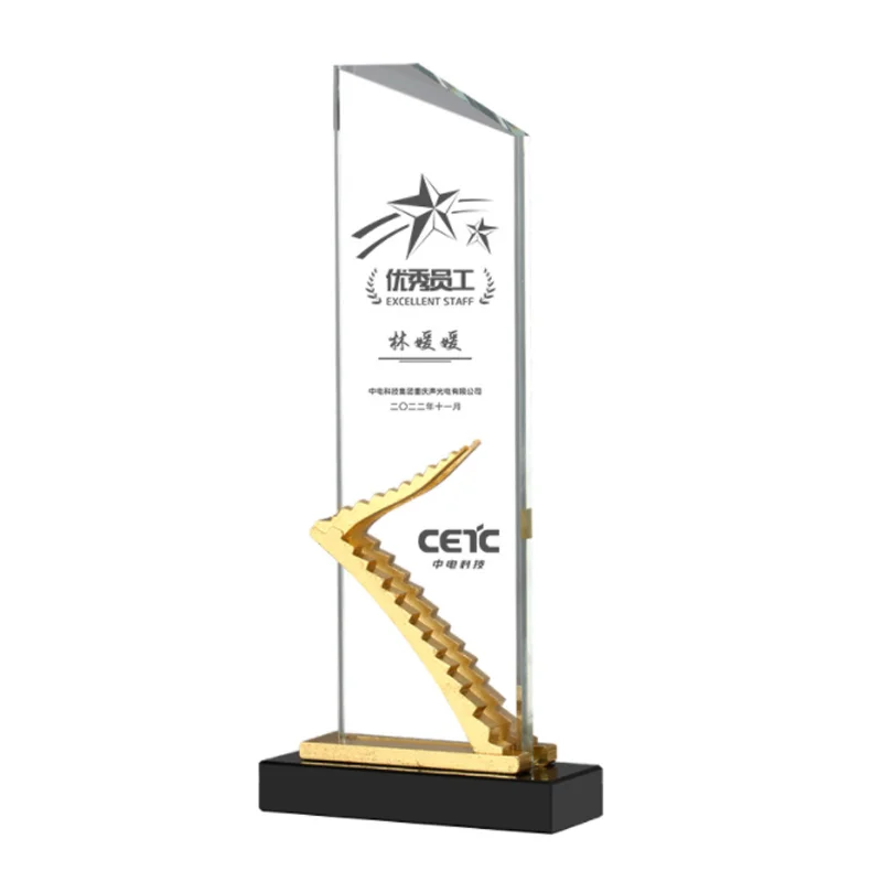 Shining Crystal Crafts Gold-plated Trophy With Black Crystal Base Metal Trophy K9 Crystal Glass Awards Souvenir Gift