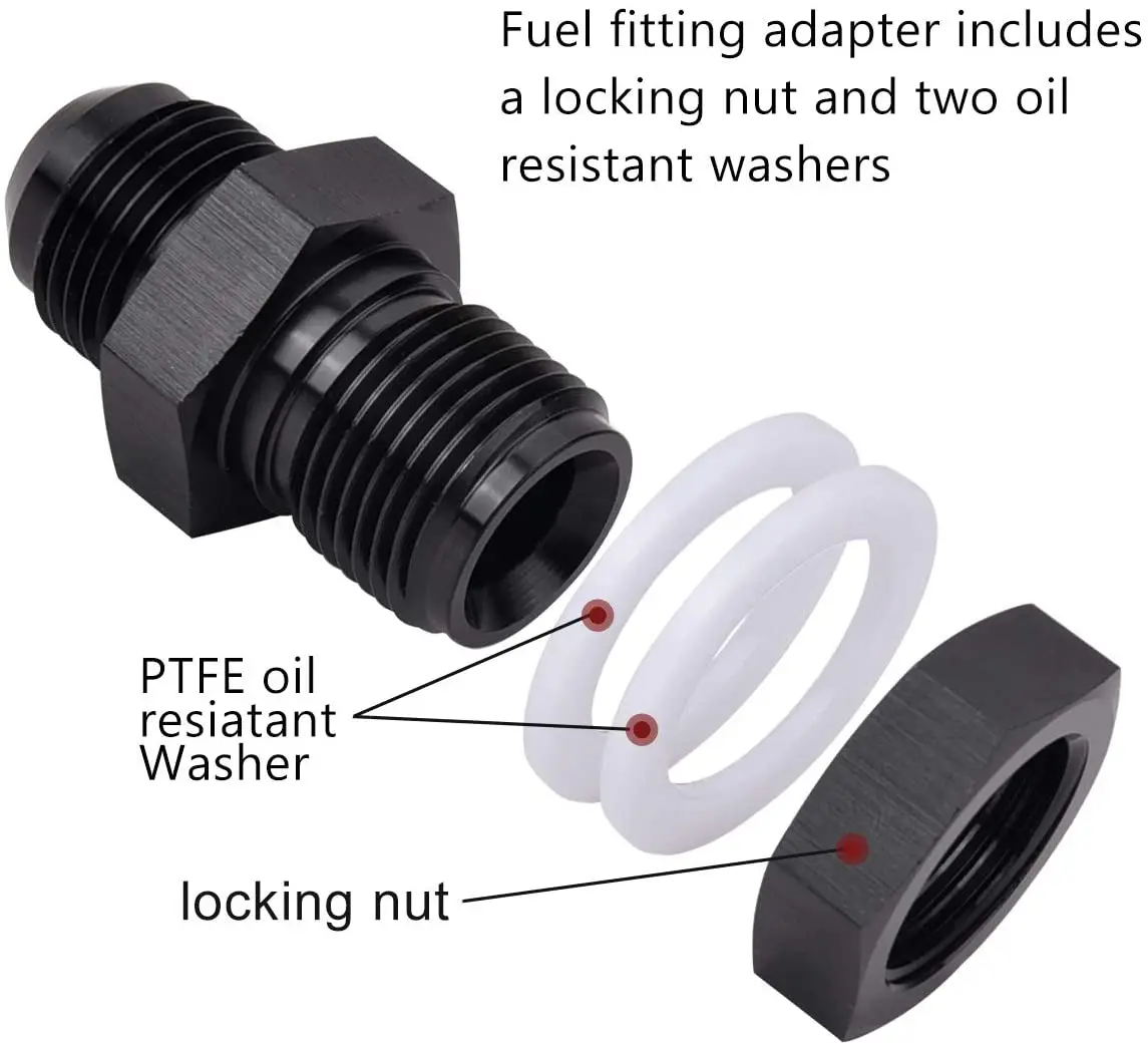 6AN Fuel Cell Bulkhead Adapter Fitting 6 AN Locking Nut AN6 Male Flare Fast Flow Aluminum Black with 2 pcs Oil-resistant Washers 