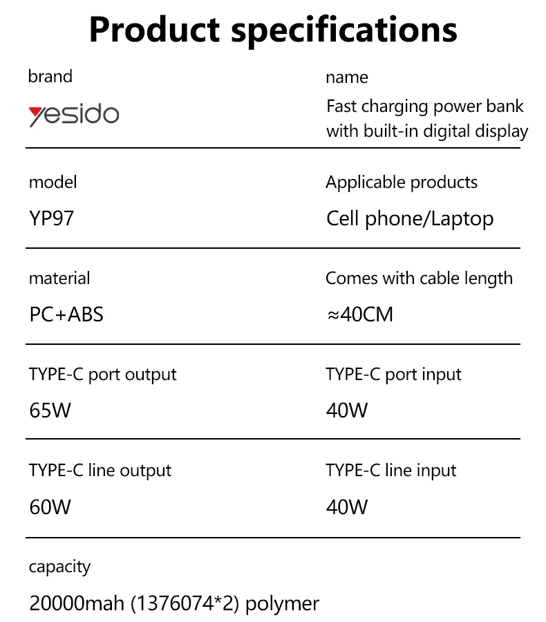 Yesido 20000mAh PD65W Fast Charging Digital Display With 40cm Long Type-C Cable Power Bank Rechargeable Notebook YP97