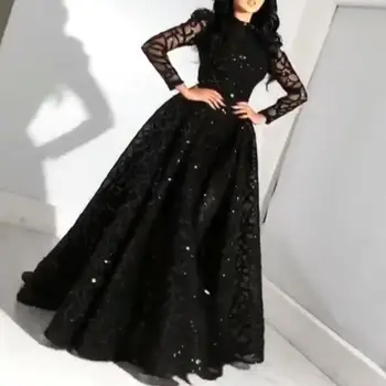 New Arrival Lace Evening Gown Black Sequin Ball Gown Elegant Long-sleeved Evening Dress for Ladies