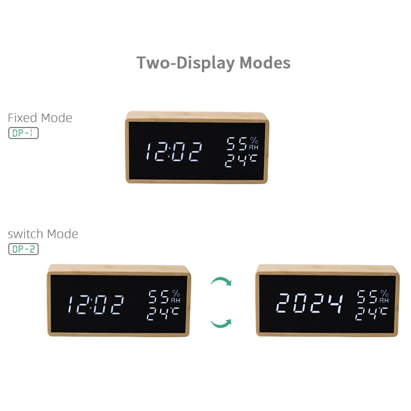 USB/Battery Powered 100% Bamboo Adjustable Brightness Voice Control Desk Large Display Time Temperature Digital Alarm Clock
