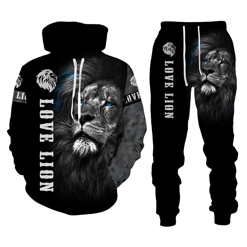 Autumn Winter Men Clothing 2 Piece Sets Joggers 3D The Lion King Printed Tracuit Plus Size Men'S Hoodies Set_voghion.com