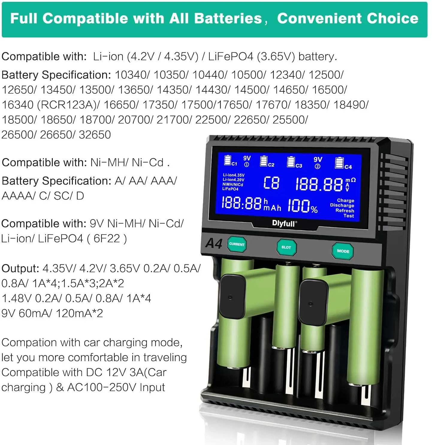 Dlyfull Smart A4 Chargeur de batterie universel Ni-MH Li-ion LiFePO4 à