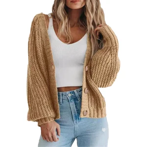Women's Floral Woolen Computer Knitted V-neck Cardigan Sweater Long Sleeve Loose Short Ruffles Breathable Quick-Dry Winter