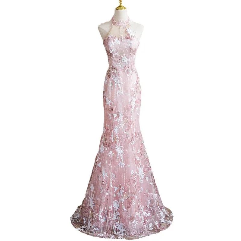 pink fishtail bridesmaid dresses Strapless Asymmetrical Fishtail Maxi Dress with Flowing Ribbons for Evening  Events