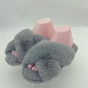 BUSY GIRL JYD01 Winter Plush Cross-strap slippers for Women Indoor Warm Plush slippers with Rabbit Fur Slippers for Ladies