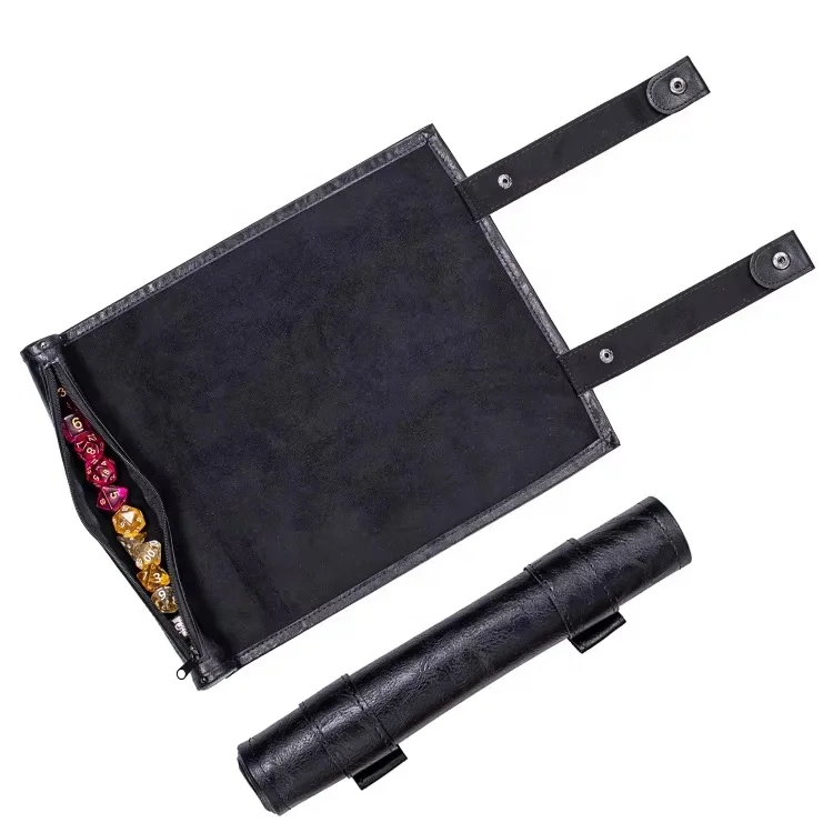 High Quality Custom Premium Leather Scroll Rolling Dice Mat With Zipper Storage Bag
