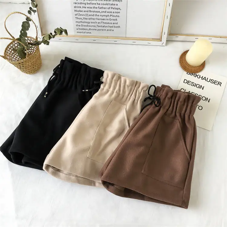 2021 New Fashion Women Girls Solid Color Elastic waist Korean Thicken High Waist Wide Leg Straight Trousers Loose Casual Shorts